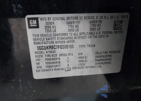 2015 Chevrolet Silverado 1500 1Lt from USA, damaged, VIN 3GCUKREC7FG508165